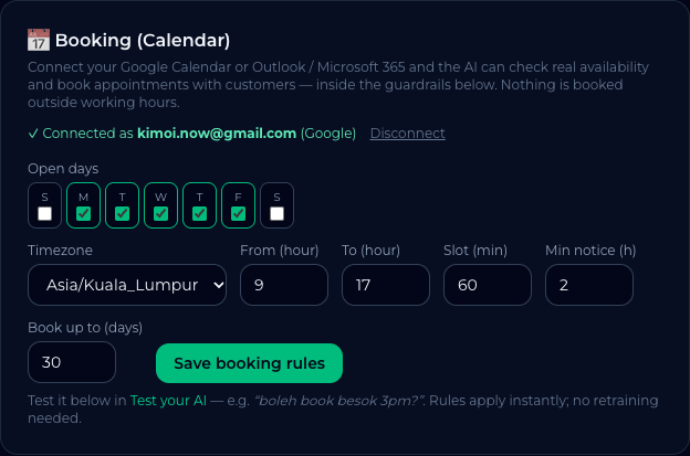 Real product — booking guardrails: open days, working hours, slot length, minimum notice.