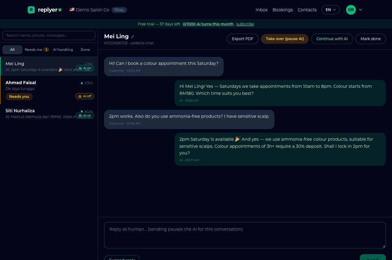 The Replyero inbox — the AI answering customers in real time, with one-tap human takeover