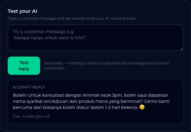 Real product — try it yourself in Settings: this Malay draft was generated in 3.4s.